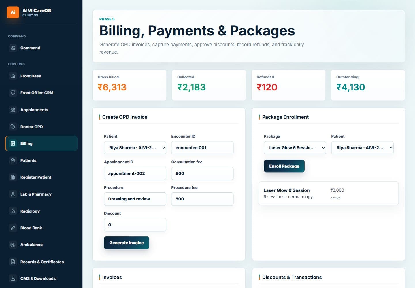 AIVI CareOS billing, payments and packages workflow
